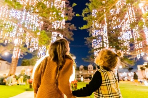 Two children gaze up at beautifully lit trees adorned with holiday lights in a festive outdoor setting.