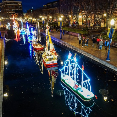 Colorful illuminated boats on a canal at night, surrounded by trees and people enjoying the festive atmosphere.