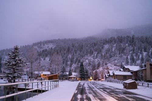 A snowy landscape with a quiet road, trees, and cozy homes under a cloudy sky in a mountainous area.