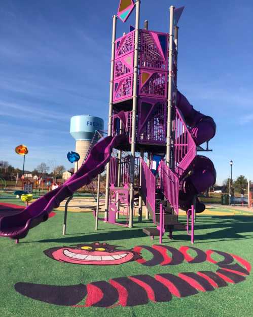 A vibrant purple playground structure with slides, featuring a whimsical cat design on the ground.