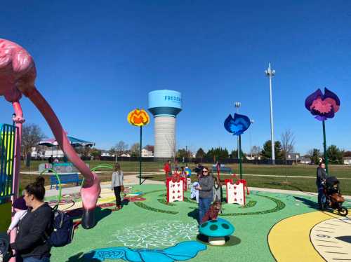 Colorful playground with children playing, a water tower in the background, and clear blue skies.