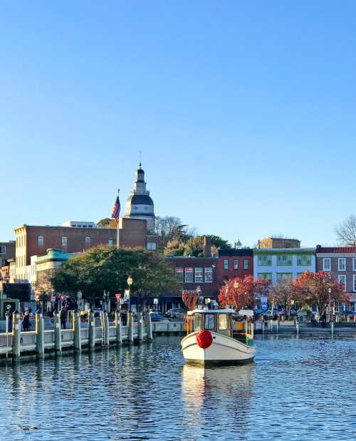 A scenic view of a harbor with a boat, historic buildings, and a clear blue sky.