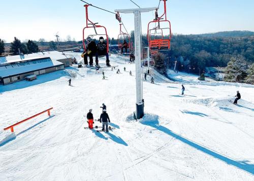 Ski resort scene with a chairlift, skiers on slopes, and a clear blue sky in the background.