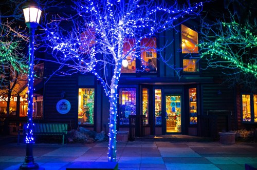 A cozy storefront illuminated with colorful blue and green lights, surrounded by a tree wrapped in lights at night.