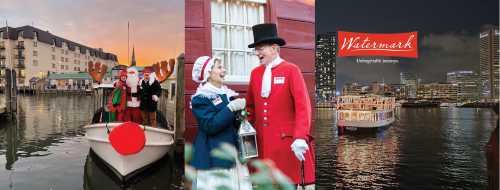 A festive boat scene with holiday characters, a couple in vintage attire, and a city skyline at night.