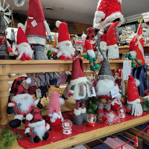 A display of festive gnomes in various hats and outfits, surrounded by holiday decorations and ornaments.