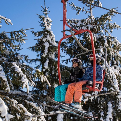 Two skiers on a ski lift surrounded by snow-covered trees on a sunny day.