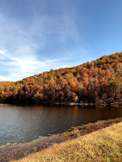 A serene lake surrounded by vibrant autumn foliage and a clear blue sky.