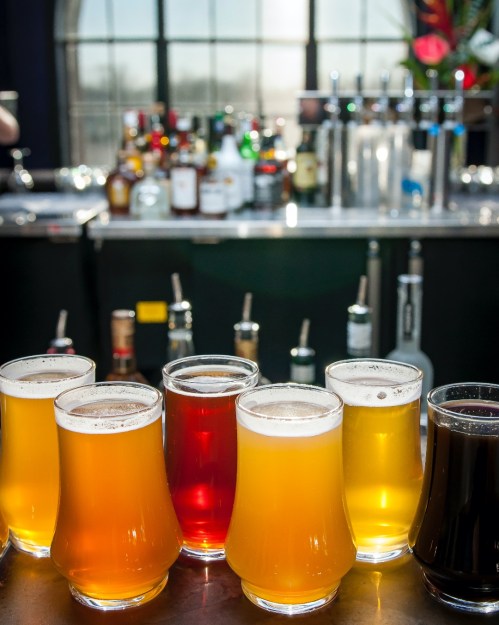 A row of six glasses filled with different types of beer, with a bar and bottles in the background.