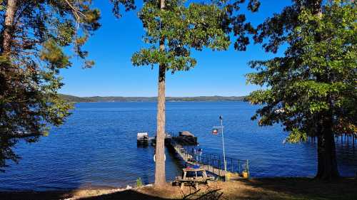 A serene lake view with a wooden dock, surrounded by trees under a clear blue sky.