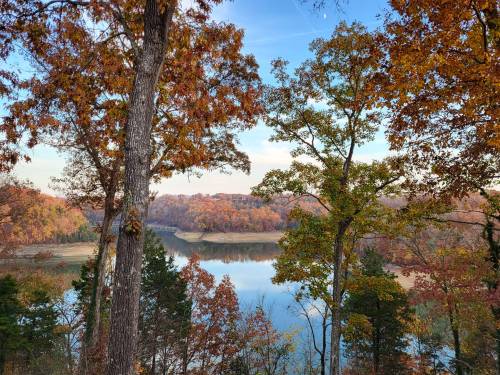 A serene lake surrounded by vibrant autumn trees under a clear blue sky.