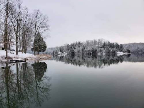 A serene winter landscape featuring a snowy shoreline and trees reflected in calm water.