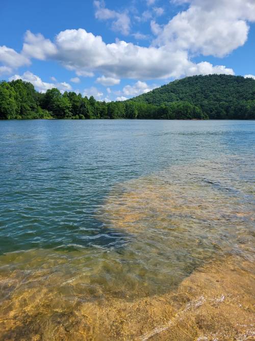 A serene lake with clear water, sandy shore, and lush green hills under a partly cloudy sky.