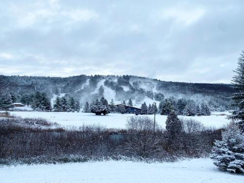 A snowy landscape with a distant house, trees, and hills shrouded in mist under a cloudy sky.