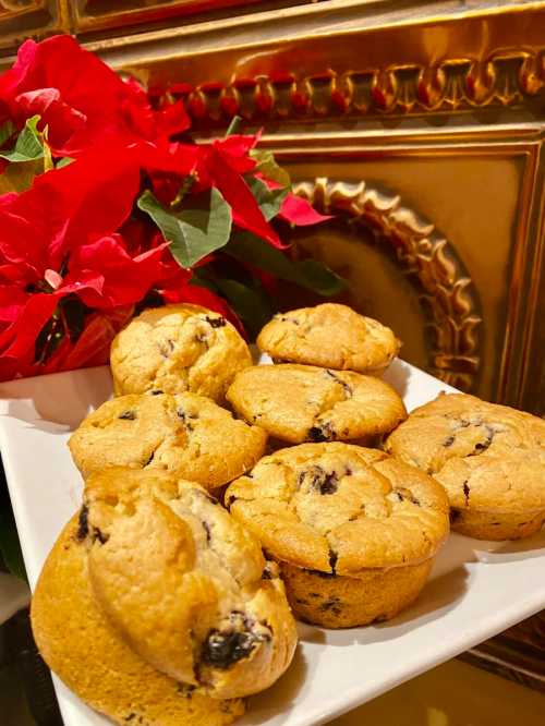 A plate of freshly baked muffins with chocolate chips, surrounded by vibrant red flowers.