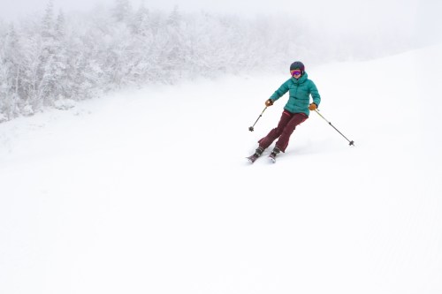 A skier in a teal jacket and maroon pants navigates a snowy slope amidst a foggy winter landscape.