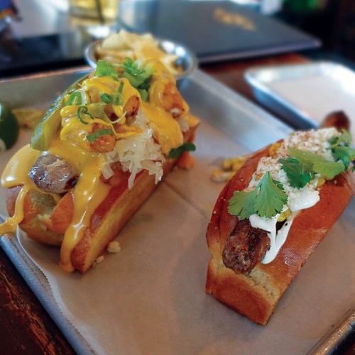 Two gourmet hot dogs on a tray, one topped with cheese, onions, and sauerkraut, the other with cilantro and cheese.