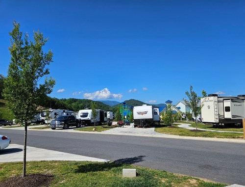 A scenic view of an RV park with several campers, green trees, and mountains under a clear blue sky.