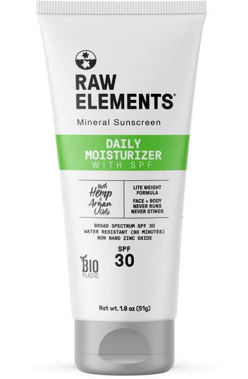 A tube of Raw Elements Daily Moisturizer with SPF 30, featuring a lightweight formula for face and body.