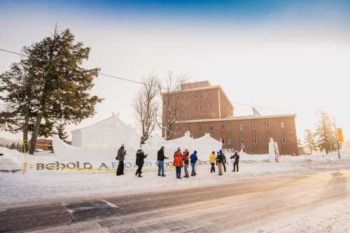 A group of people stands in front of a large snow sculpture with a building in the background, under a clear sky.