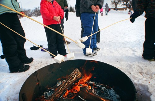 Children roasting marshmallows over a fire pit in a snowy outdoor setting.
