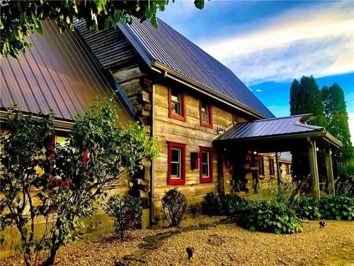 A rustic wooden house with a metal roof, surrounded by greenery and a gravel pathway under a blue sky.
