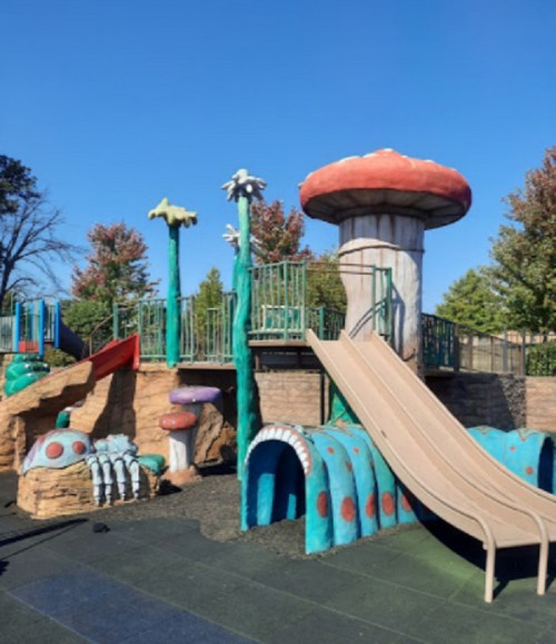 Colorful playground with mushroom structures, slides, and climbing features surrounded by trees.