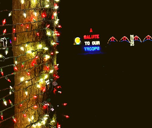 Colorful holiday lights frame a sign that reads "A Salute to Our Troops" against a dark background.