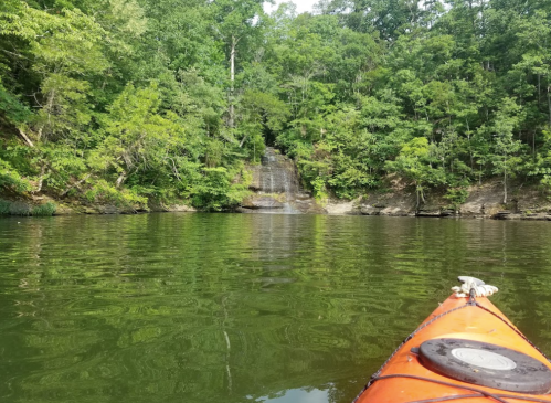 A kayak floats on calm water, surrounded by lush green trees and a small waterfall in the background.