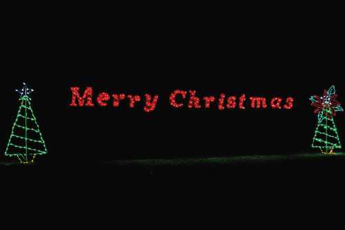 Colorful Christmas lights spell out "Merry Christmas" with decorated trees on either side against a dark background.