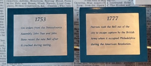 Two plaques: one from 1753 about the Bell's recasting, and another from 1777 detailing its removal during the American Revolution.
