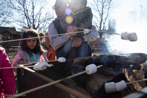 A person holds a child while roasting marshmallows over a fire, with children watching nearby on a sunny day.