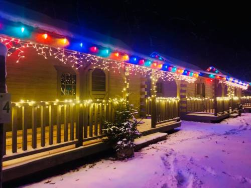 Cozy cabins adorned with colorful lights and snow, creating a festive winter scene at night.