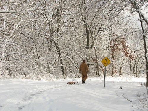 A person in winter clothing walks with a sled on a snowy path, surrounded by trees and a "Slow" sign.