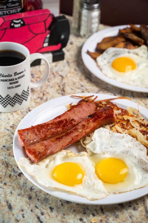 A plate of breakfast with two sunny-side-up eggs, crispy bacon, hash browns, and a cup of coffee in the background.