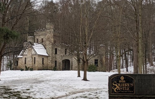 A stone castle with a turret, surrounded by snow-covered trees, with a sign reading "Squire's Castle" in the foreground.