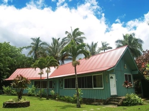 A charming blue house with a red roof, surrounded by lush greenery and palm trees under a bright blue sky.