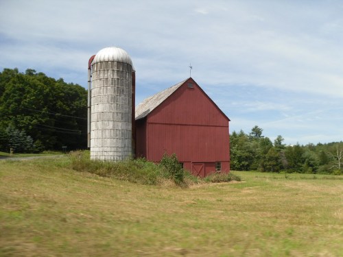 A red barn with a silo stands in a grassy field, surrounded by trees under a blue sky.