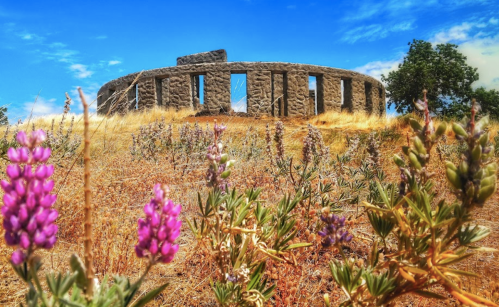 Ancient stone structure surrounded by wildflowers under a blue sky with scattered clouds.