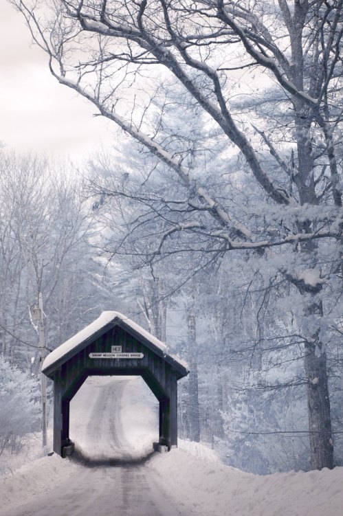 A snow-covered road leads through a wooden covered bridge, surrounded by frosty trees in a winter landscape.