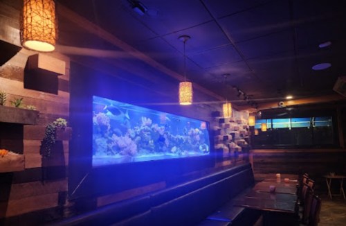 A cozy restaurant interior featuring a large aquarium with colorful fish and soft lighting from hanging lamps.