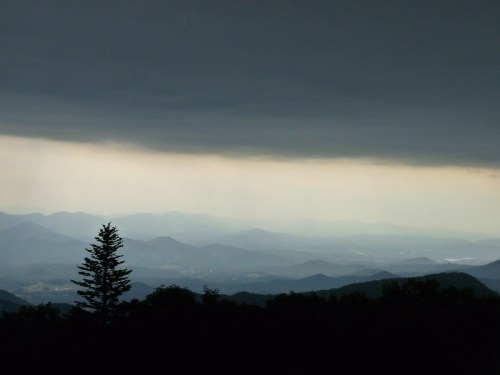 A panoramic view of misty mountains under a dark, cloudy sky, with a lone tree in the foreground.