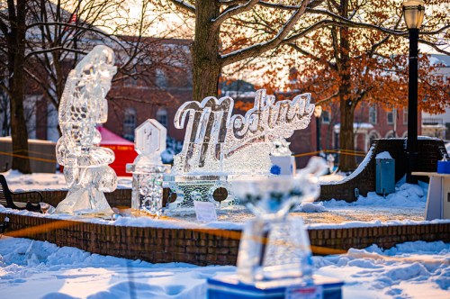 Ice sculptures in a snowy park, featuring the word "Medina" and other artistic designs, with trees in the background.