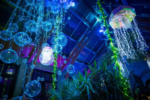 Colorful lights and hanging decorations create a whimsical atmosphere with bubbles and jellyfish-like shapes.
