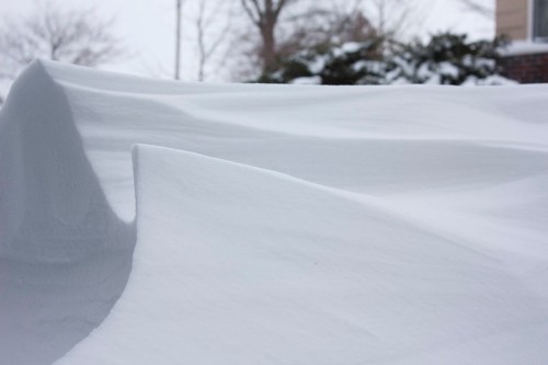 A close-up of smooth, undulating snow drifts, creating soft, wave-like patterns in a winter landscape.