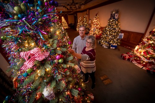 A couple decorates a festive Christmas tree surrounded by other decorated trees in a warmly lit room.