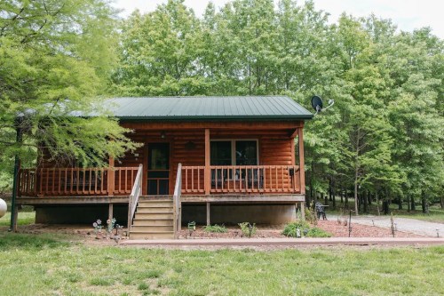 A rustic wooden cabin with a green metal roof, surrounded by trees and a grassy area. Steps lead to the front porch.