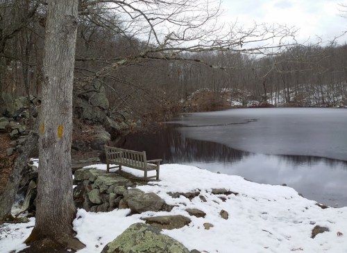 A wooden bench by a frozen lake, surrounded by snow and bare trees in a tranquil, wintry landscape.
