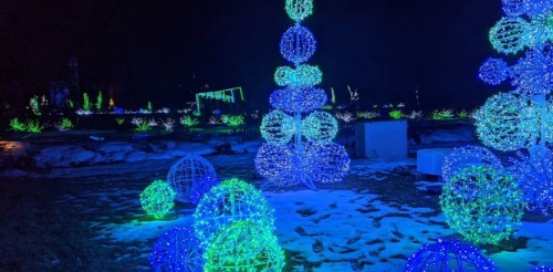 Colorful illuminated trees and spherical decorations in blue and green lights against a dark night sky.