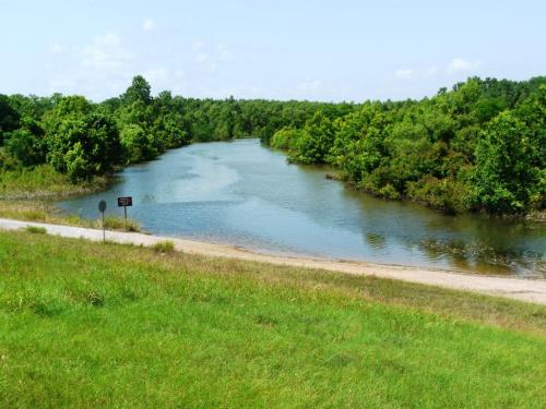 A serene river winding through lush greenery under a clear blue sky, with a grassy bank in the foreground.